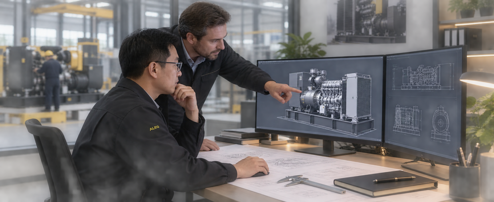 Engineers reviewing a generator CAD design
