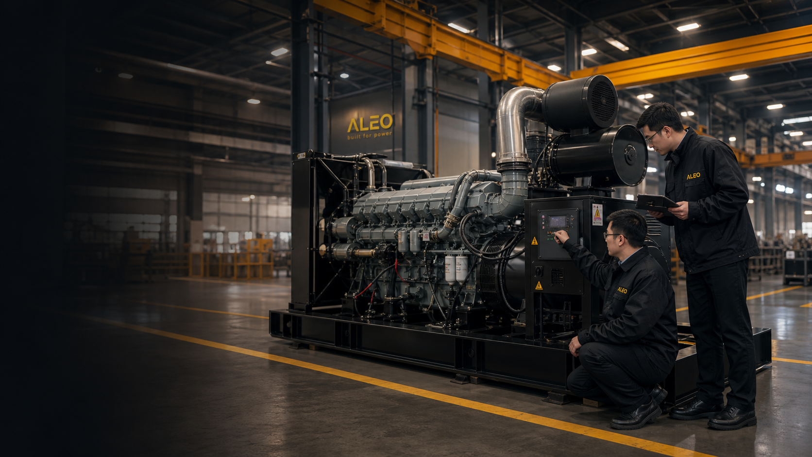 ALEO engineers inspecting an industrial generator on the production floor
